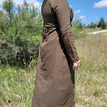 Load image into Gallery viewer, Honey-embroidered-maxi-dress-in-khaki-brown-featuring-embroidery-on-bust-and-front-pockets-back-view-showing-tie-string-waist