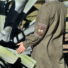 Load image into Gallery viewer, Salma-embroidered-zip-front-long-coat-abaya-with-side-pockets-in-khaki-back-view