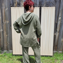 Load image into Gallery viewer, Ada-women's-muslin-hooded-button-front-shirt-in-khaki-worn-with-tie-waist-muslin-pants-khaki-back-view