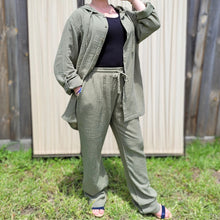Load image into Gallery viewer, muslin-women's-tie-waist-pants-featuring-elasticated-string-tie-waist-and-side-pockets-in-khaki-worn-with-Ada-muslin-hooded-shirt-in-khaki-layered-look