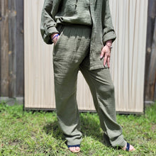 Load image into Gallery viewer, muslin-women's-tie-waist-pants-featuring-elasticated-string-tie-waist-and-side-pockets-in-khaki-worn-with-Ada-muslin-hooded-shirt-in-khaki