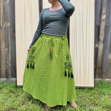 Load image into Gallery viewer, Ness-voile-midi-skirt-lime-with-fitted-long-sleeve-top-front-view