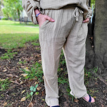 Load image into Gallery viewer, muslin-women's-tie-waist-pants-featuring-elasticated-string-tie-waist-and-side-pockets-in-latte-worn-with-Ada-muslin-hooded-shirt-in-latte-close-up