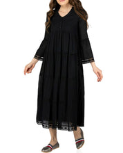 Load image into Gallery viewer, Sharon_tiered_midi_dress_in_black_with_Vneckline_fitted_buttoned_bust_tiered_skirt_with_lace_trim_at_hem_and_bell_sleeves_with_lace_trim_studio_image