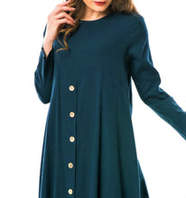 Load image into Gallery viewer, zahra-asymmetric-maxi-dress-with-layered-asymmetric-skirt-button-detail-on-front-in-teal--close-up-on-white-background