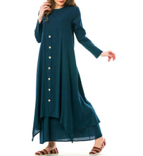 Load image into Gallery viewer, zahra-asymmetric-maxi-dress-with-layered-asymmetric-skirt-button-detail-on-front-in-teal-on-white-background