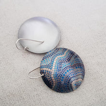 Load image into Gallery viewer, handmade-large-domed-earrings-featuring-a-source-of-life-indigenous-artwork-imprinted-on-aluminium-sheeting-with-sterling-silver-hooks-front-and-back