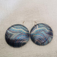 Load image into Gallery viewer, handmade-large-domed-earrings-featuring-a-source-of-life-indigenous-artwork-imprinted-on-aluminium-sheeting-with-sterling-silver-hooks