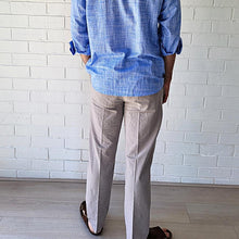 Load image into Gallery viewer, men's-cotton-chino-pants-with-elasticated-waist-at-back-side-pockets-and-buttoned-back-pockets-in-light-grey-back-view