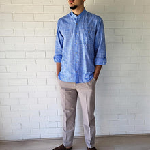 Load image into Gallery viewer, men's-cotton-chino-pants-with-elasticated-waist-at-back-side-pockets-and-buttoned-back-pockets-in-light-grey-front-view