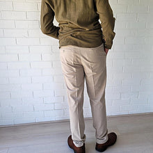 Load image into Gallery viewer, men's-cotton-chino-pants-with-elasticated-waist-at-back-side-pockets-and-buttoned-back-pockets-in-sand-back-view