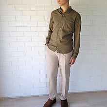 Load image into Gallery viewer, men's-cotton-chino-pants-with-elasticated-waist-at-back-side-pockets-and-buttoned-back-pockets-in-sand-front-view
