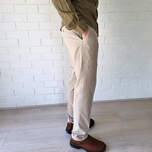 Load image into Gallery viewer, men's-cotton-chino-pants-with-elasticated-waist-at-back-side-pockets-and-buttoned-back-pockets-in-sand-side-view