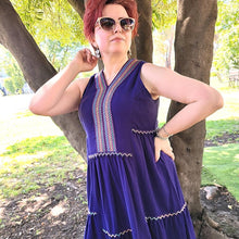 Load image into Gallery viewer, coral-sleeveless-maxi-dress-with-embroidery-detail-on-Vneckline-and-front-bodice-in-purple-closeup