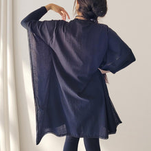 Load image into Gallery viewer, cotton-kimono-tunic-with-V-neckline-short-batwing-sleeves-and-straight-hemline-with-lace-edging-and-front-string-tie-with-tassel-trim-in-black-back-view