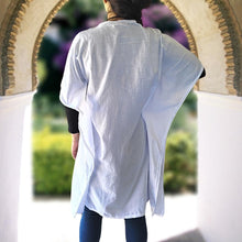 Load image into Gallery viewer, cotton-kimono-tunic-with-V-neckline-short-batwing-sleeves-and-straight-hemline-with-lace-edging-and-front-string-tie-with-tassel-trim-in-white-back-view