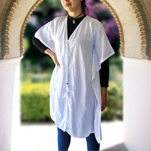 Load image into Gallery viewer, cotton-kimono-tunic-with-V-neckline-short-batwing-sleeves-and-straight-hemline-with-lace-edging-and-front-string-tie-with-tassel-trim-in-white-front-view