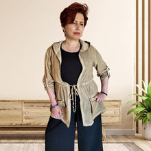 Load image into Gallery viewer, delta-hooded-tunic-with-button-tab-long-sleeves-drawstring-waist-and-front-pockets-in-light-brown-front-view