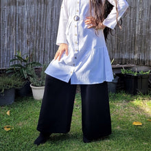 Load image into Gallery viewer, Luna high-waisted, wide leg, brushed cotton, women's pants in black with button-through, white tunic