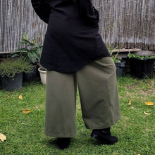 Load image into Gallery viewer, Luna high-waisted, wide leg, brushed cotton, women's pants in khaki, worn with black tunic, viewed from the side