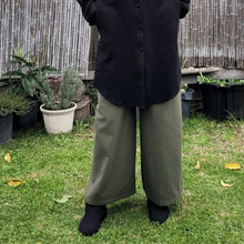 Load image into Gallery viewer, Luna high-waisted, wide leg, brushed cotton, women's pants in khaki, worn with black tunic