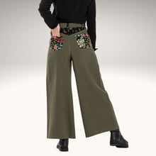 Load image into Gallery viewer, Luna belted, high-waist, wide leg, brushed cotton, women's pants in khaki, showing back pockets floral detail, worn with black top