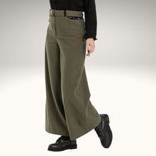 Load image into Gallery viewer, Luna belted, high-waist, wide leg, brushed cotton, women's pants in khaki, worn with black top