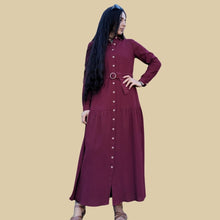 Load image into Gallery viewer, long-sleeve-button-through-cotton-maxi-dress-in-burgundy-with-fabric-belt-shirt-collar-buttoned-cuffs-and-gathered-tier-in-skirt-from-the-hips