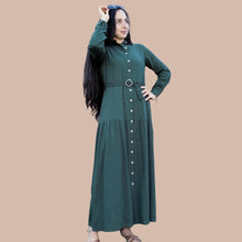 Load image into Gallery viewer, long-sleeve-button-through-cotton-maxi-dress-in-green-with-fabric-belt-shirt-collar-buttoned-cuffs-and-gathered-tier-in-skirt-from-the-hips