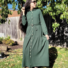 Load image into Gallery viewer, long-sleeve-button-through-cotton-maxi-dress-in-green-with-fabric-belt-shirt-collar-buttoned-cuffs-and-gathered-tier-in-skirt-from-the-hips