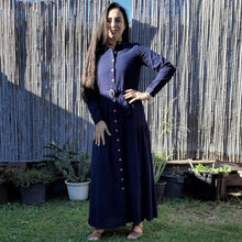 Load image into Gallery viewer, long-sleeve-button-through-cotton-maxi-dress-in-navy-with-fabric-belt-shirt-collar-buttoned-cuffs-and-gathered-tier-in-skirt-from-the-hips