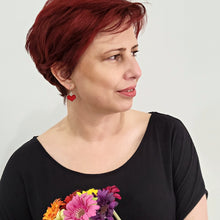 Load image into Gallery viewer, red-love-heart-charm-drop-earrings-with-sterling-silver-hooks-on-model