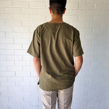 Load image into Gallery viewer, reed-short-sleeve-slit-neck-cotton-shirt-in-khaki-close-up-back-view