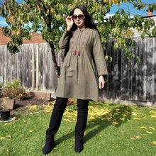 Load image into Gallery viewer, long-sleeve-brushed-cotton-tunic-dress-in-khaki-with-embroidery-detail-on-front-panel-and-sleeve-cuffs-and-round-string-tie-neck