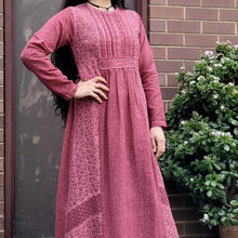 Load image into Gallery viewer, long-sleeve-cotton-maxi-dress-in-rose-with-eyelet-embroidery-on-front-sides-pintuck-detail-on-chest-close-up-of-front-detail