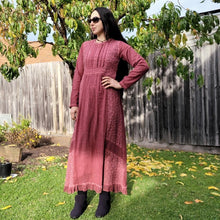 Load image into Gallery viewer, long-sleeve-cotton-maxi-dress-in-rose-with-eyelet-embroidery-on-front-sides-pintuck-detail-on-chest-lace-frill-at-skirt-hem-and-string-tie-at-waist-back