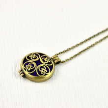 Load image into Gallery viewer, vintage-look-bronze-aromatherapy-essential-oils-diffuser-locket-necklace-round-filigree-style-pendant-necklace-jewellery