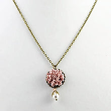 Load image into Gallery viewer, vintage-style-dusty-pink-lotus-flower-bronze-necklace-with-swarovski-pearl-drop-detail-on-white-background