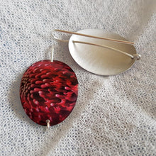 Load image into Gallery viewer, handmade-waratah-flower-imprinted-small-slightly-domed-oval-earrings-with-sterling-silver-hooks-front-and-back
