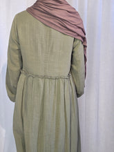 Load image into Gallery viewer, Back view of olive green dress with brown hijab on a white background
