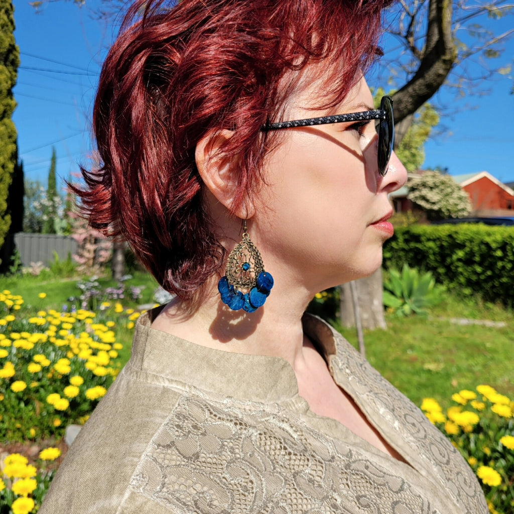 bronze-vintage-style-chandelier-filigree-earrings-with-blue-stone-and-pearlescent-shell-dangles