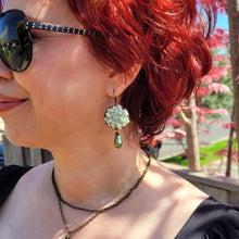 Load image into Gallery viewer, bronze-vintage-style-jade-colour-lotus-flower-bronze-drop-earrings-featuring-glass-drop-beads
