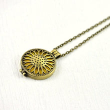 Load image into Gallery viewer, vintage-look-bronze-aromatherapy-essential-oils-diffuser-filigree-style-sunflower-design-pendant-necklace-jewellery
