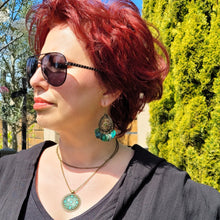 Load image into Gallery viewer, vintage-style-bronze-chandelier-filigree-earrings-with-turquoise-pearlescent-shell-dangles
